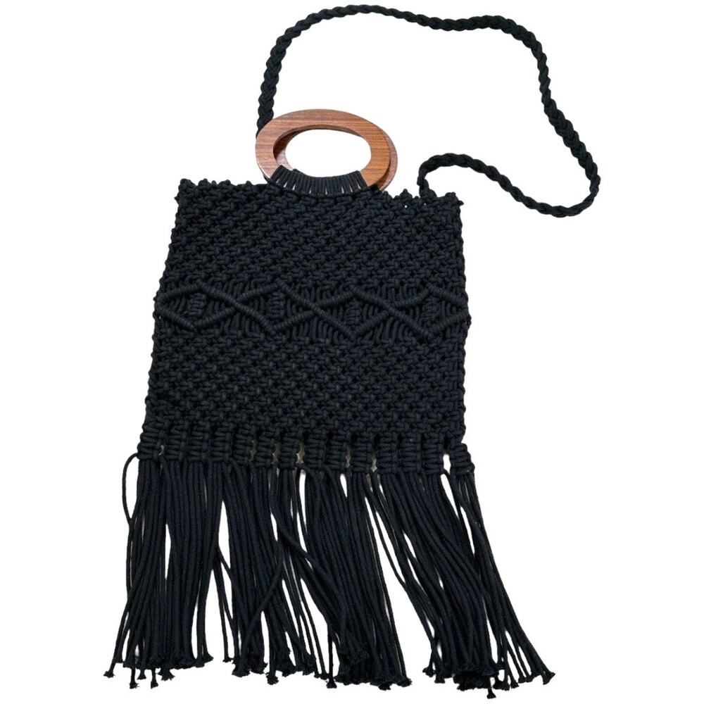 Danielle Nicole Crochet Macrame Hobo Bag Black Bo… - image 1